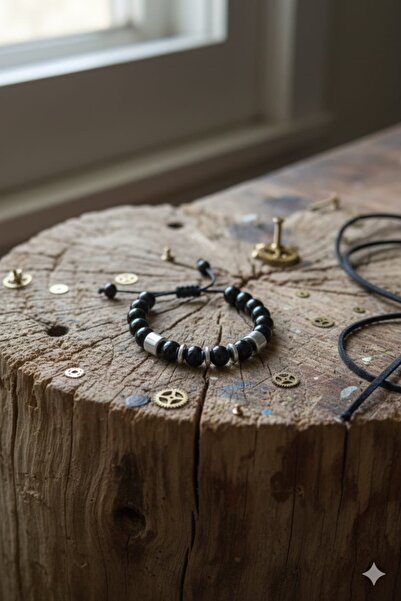 Liacharm Hematit Taşı siyah Makrome Örgü İp Asansörlü Bileklik