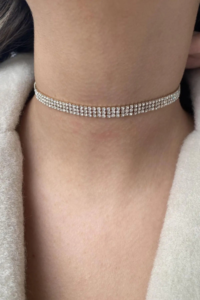 EfCe Jewelry Altın Kaplama 3 Sıra Zirkon Taşlı Choker - Premium Su Yolu Kolye