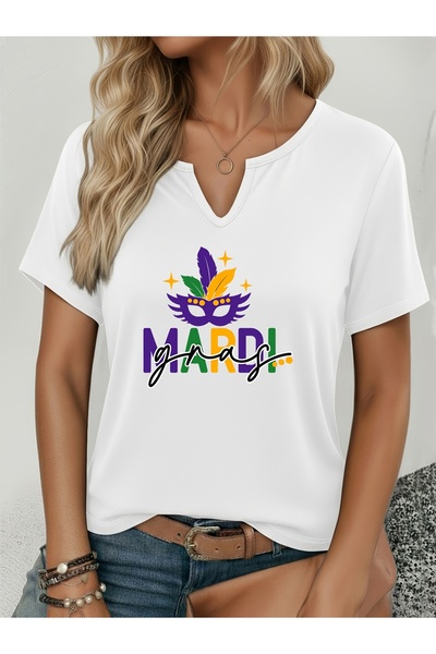 mercoledi Γυναικείο μπλουζάκι Mardi Gras με τύπωμα με μισό μανίκι σε σχήμα V ...