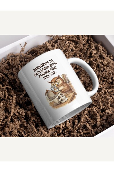 Fikart "Beyin Kanama Riski Yok" Esprili Baykuş Tasarımlı Kupa Bardak