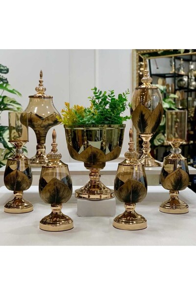 city gold 7 Parça Salon Takımı Konsol Aksesuar Seti Yaprak Gold Dekoratif