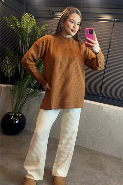 MİR STORE Camel Half-Thigh Ribbed Oversize Sweater