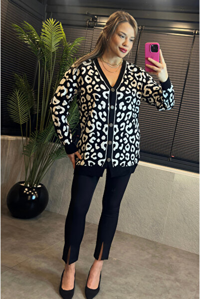 MİR STORE Leopard Patterned Black Cardigan