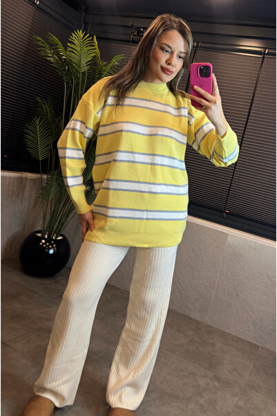 MİR STORE Yellow-Grey Crew Neck Striped Oversized Sweater