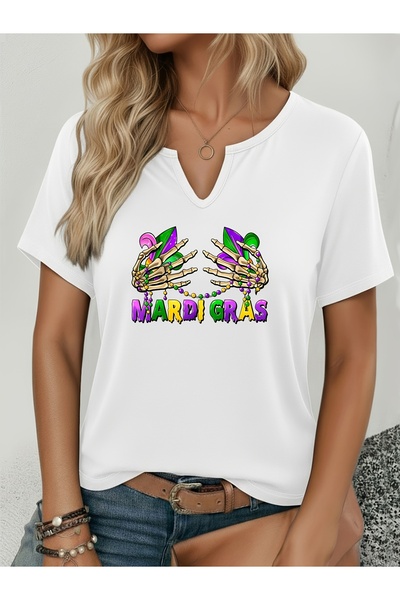 mercoledi Γυναικείο μπλουζάκι Mardi Gras με τύπωμα με μισό μανίκι σε σχήμα V ...