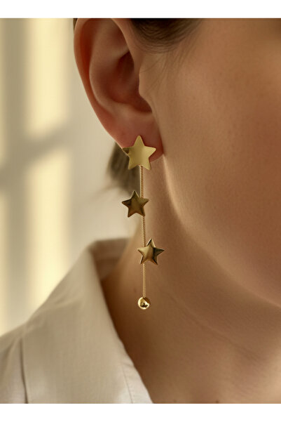 GKCBijoux 316L Çelik Gold Renk Üçlü Yıldız Sallantılı Zincir Küpe (Kararmaz)