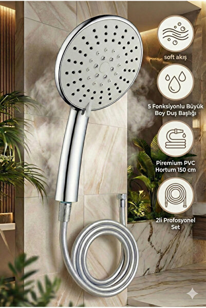 Empressco 5 Fonksiyonlu Büyük Boy Duş Başlığı ve 150 cm PVC Hortum Seti
