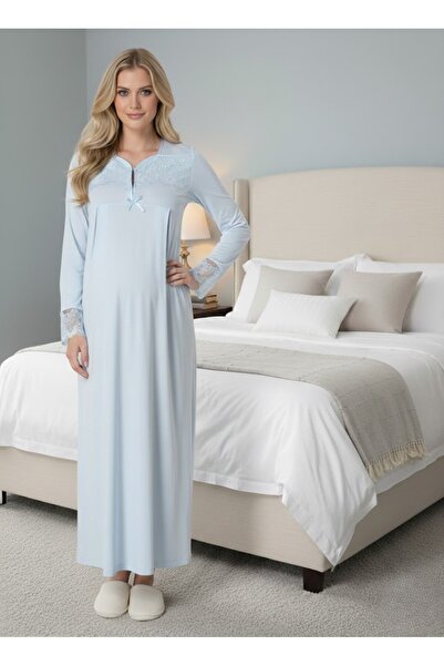 Lohusa Homewear New Season Blue Lace Full Length Button Detailed 100% Cotton ...