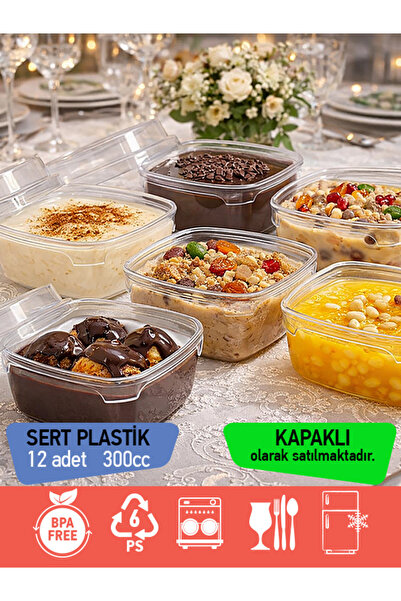 BİZDENGELSİNNET 12’li Kapaklı Sütlaç Kase, Mika Sert Plastik Şeffaf, 300cc Ta...