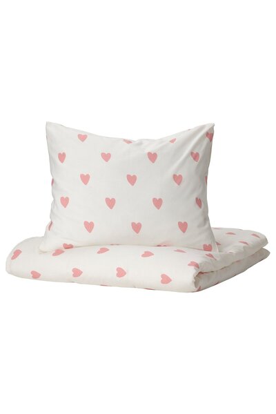 IKEA BARNDRÖM Duvet cover + pillowcase, heart pattern white/pink, 150 x 200/5...