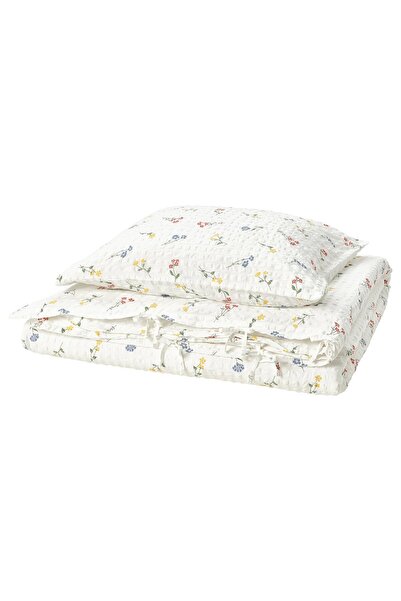 IKEA PILDVÄRGMAL Duvet cover + pillowcase, white/flower pattern, 150 x 200/50...