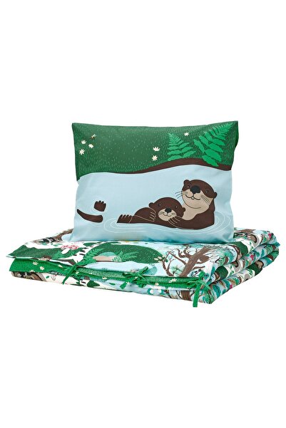 IKEA SKOGSDUVA Duvet cover + pillowcase, blue green/forest pattern, 150 x 200...