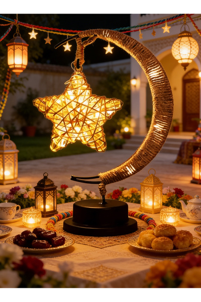 Pomefar أضواء رمضان، مصباح طاولة LED على شكل هلال ونجوم، ضوء ليلي لغرفة النوم...