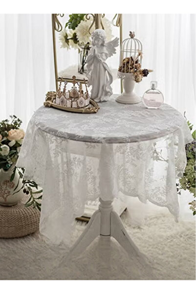DOMEET Round Tablecloth White Lace Table Cloth, Washable Hollow Mesh Table Co...