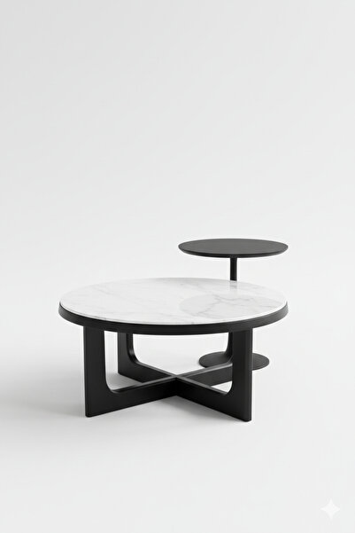 Generic Modern Contrast Round Coffee Table Set - White Marble & Royal Black