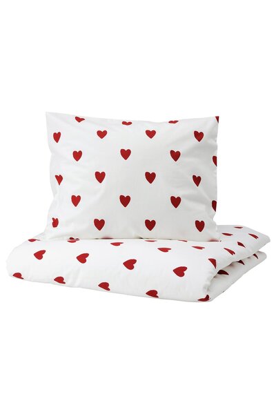IKEA BARNDRÖM Husă pilotă + față de pernă, model inimă/roșu alb, 150 x 200/50...