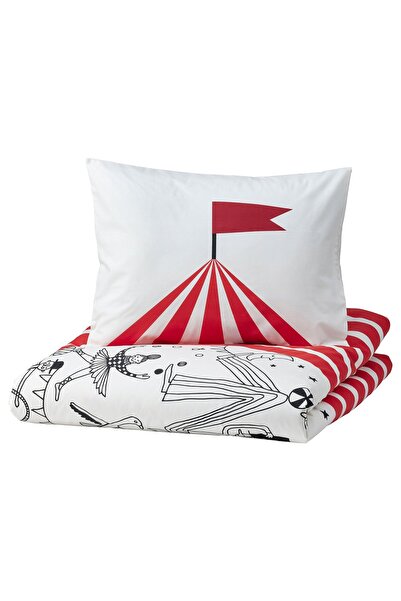 IKEA BUSENKEL Husă pilotă + față de pernă, model circ roșu/alb, 150 x 200/50 ...