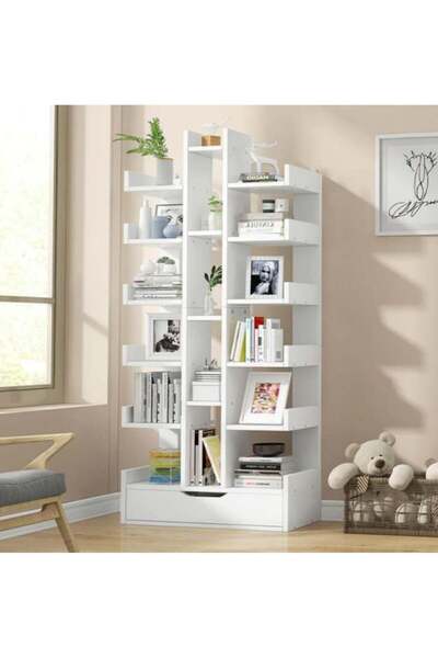 RAWAID رف كتب أرضي على شكل شجرة مكون من 18 طبقة، خزانة كتب زاوية مع درج، رف ت...