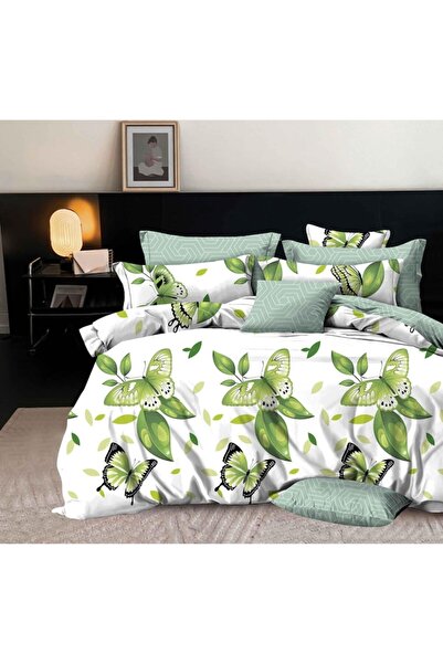 ANGMAD Lenjerie pat dublu 6 piese Bumbac Finet model fluturi alb verde
