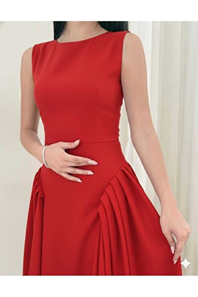 Azyaa Al-Amira Red midi evening dress with a corset waist and wide side pleats