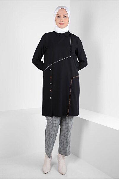 TRENDTESETTÜR Women's Black Shirt Collar Tunic t 44209