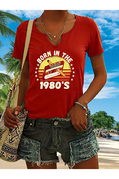 mercoledi Women's 1980's Printed Half V-Neck Sleeves Regular Fit Casual T-Shirt