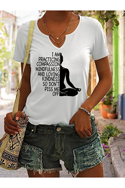 mercoledi Γυναικεία μπλουζάκια Yoga με τύπωμα με μισό μανίκι σε σχήμα V και κ...