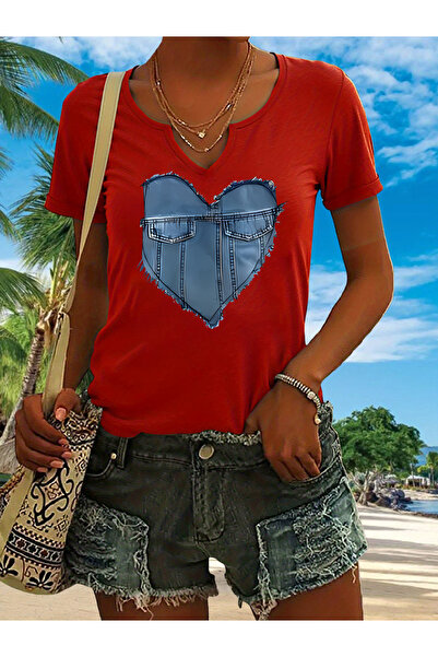 mercoledi Women's Denim Patterned Printed Half V-Neck Sleeves Regular Fit Cas...