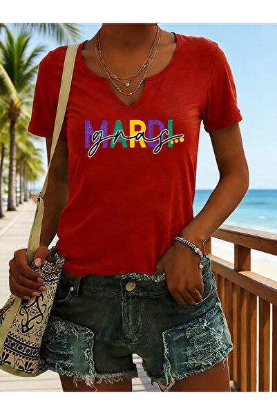 mercoledi Women's Mardi Gras Printed Half V-Neck Sleeves Regular Fit Casual T...