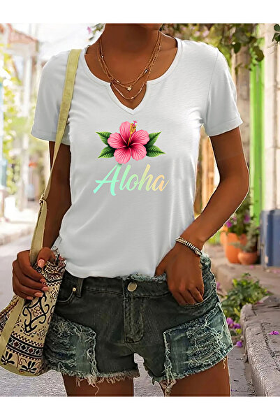 mercoledi تي شيرت نسائي من Aloha مطبوع بأكمام نصفية ورقبة على شكل حرف V وقصة ...