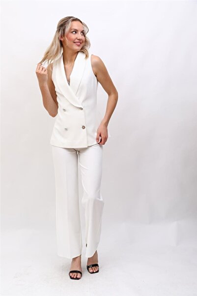 ÖNDER ÖZSOY طقم نسائي بياقة شال بأزرار على الجهتين وسترة عصرية وبنطلون واسع ا...