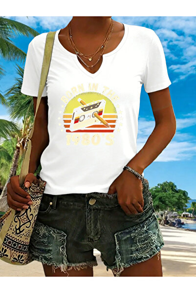 mercoledi Γυναικείο μπλουζάκι της δεκαετίας του 1980 με με τύπωμα μανίκια σε ...