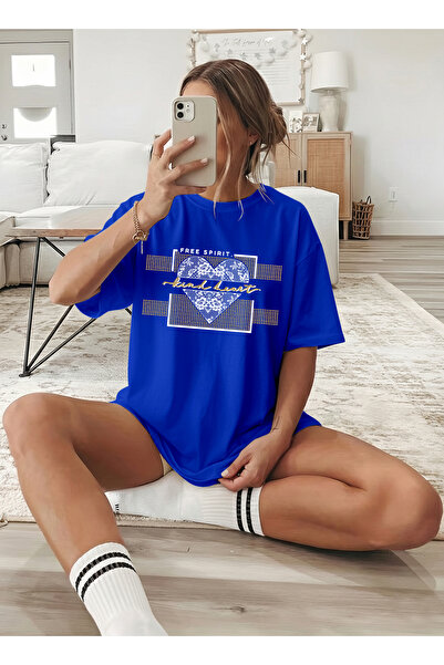 caddekombin Women's Lace Heart Detailed Printed Cobalt Blue T-Shirt