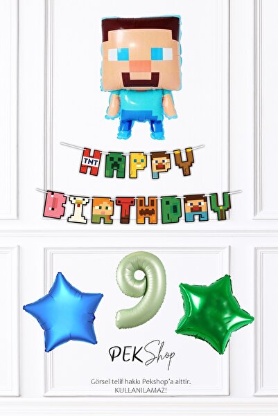 PEKSHOP Minecraft Tema Doğum Günü Steve Balonlu Yıldızlı Doğum Günü Balon Seti