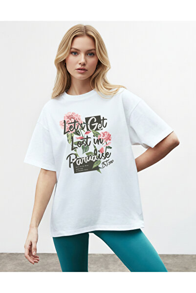 caddekombin Roz trandafiriu pentru femei cu imprimeu guler rotund Alb tricou