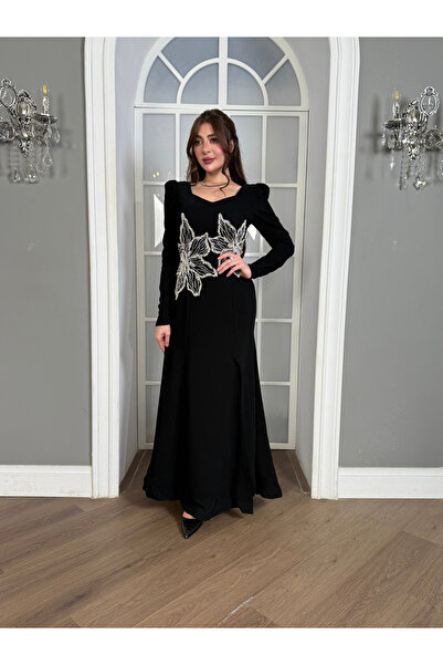 naseej Black hand-embroidered evening dress, available in plus and small sizes.