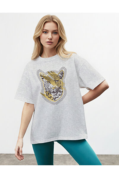 caddekombin Imprimeu cu puncte leopard pentru femei cu imprimeu basic Gri tricou