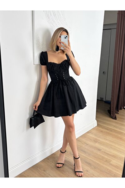 Misscix Kadın Kare Yaka Belden Korseli Ayarlanabilir Mini Abiye & Mezuniyet E...