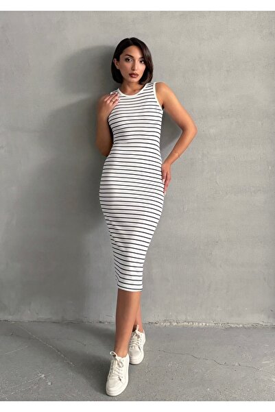BEJNA Women's Ecru Striped Sleeveless Stretchy Dress