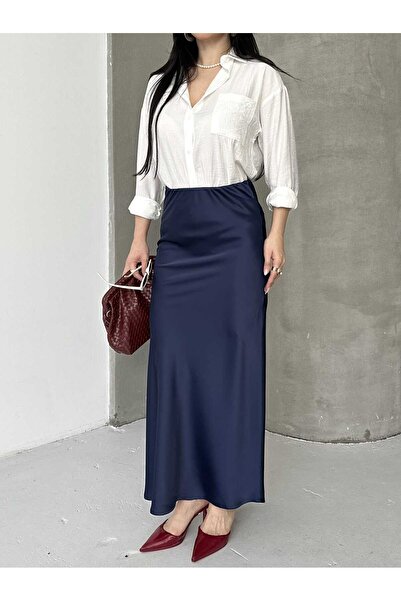 Moda İkra Fusta lungă din țesătură satinată cu talie elastică, strălucitoare ...