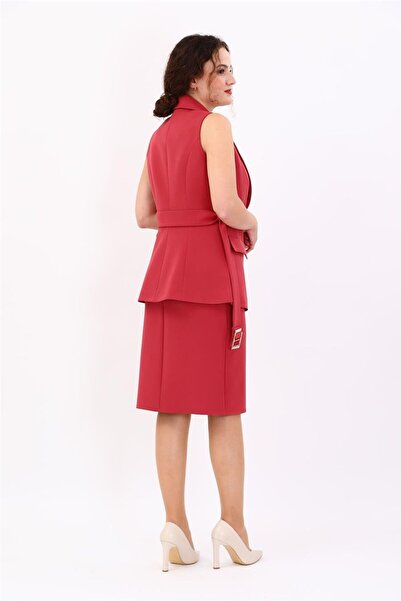 ÖNDER ÖZSOY Men's Collared Belted Slit Vest & Short Pencil Skirt Women's Suit...