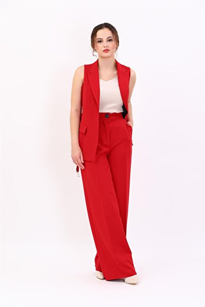 ÖNDER ÖZSOY Men's Collar Belted Slit Vest & Classic Palazzo Pants Women's Sui...
