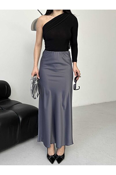 Moda İkra Satin Fabric Elastic Waist Long Skirt Shiny and Smooth