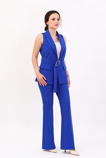 ÖNDER ÖZSOY Men's Collared Belted Slit Vest & Elastic Flared Trousers Women's...