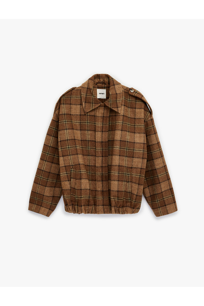 Koton Long Sleeve Pocketed Shirt Collar Plaid Oversized Cashmere Jacket
