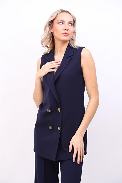 ÖNDER ÖZSOY Long Men's Collar Double-Breasted Hijab Women's Vest-Navy Blue