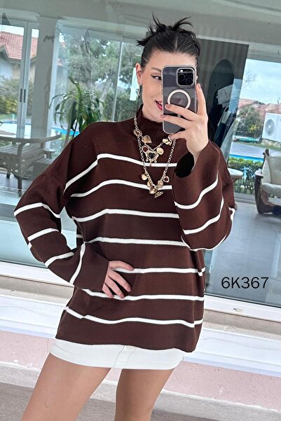 İnce Topuk Turtleneck Striped Knitwear Blouse 6K367
