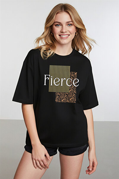 caddekombin Fierce Graphic pentru femei cu imprimeu basic Negru tricou