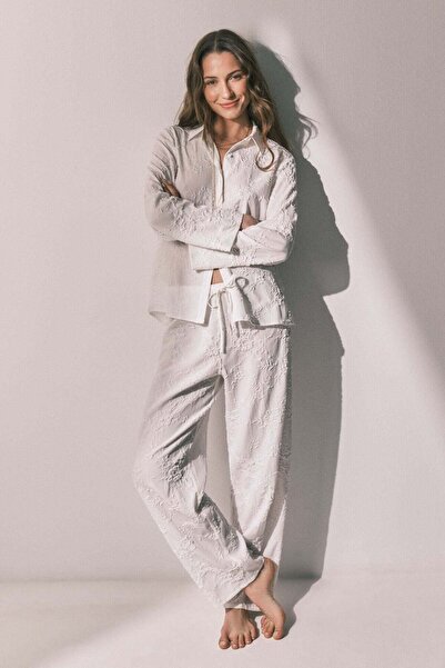 Women'secret Long satin jacquard shirt pyjamas in White
