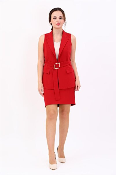 ÖNDER ÖZSOY Men's Collared Belted Slit Vest & Mini Slit Short Tight Skirt Wom...